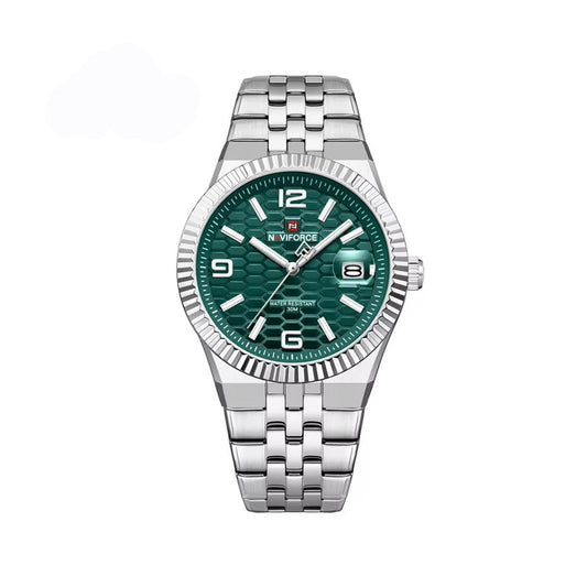NAVIFORCE 9277 Stylish Analog Quartz Men’s Watch with Durable Stainless Steel Strap and Water Resistance- Silver & Green