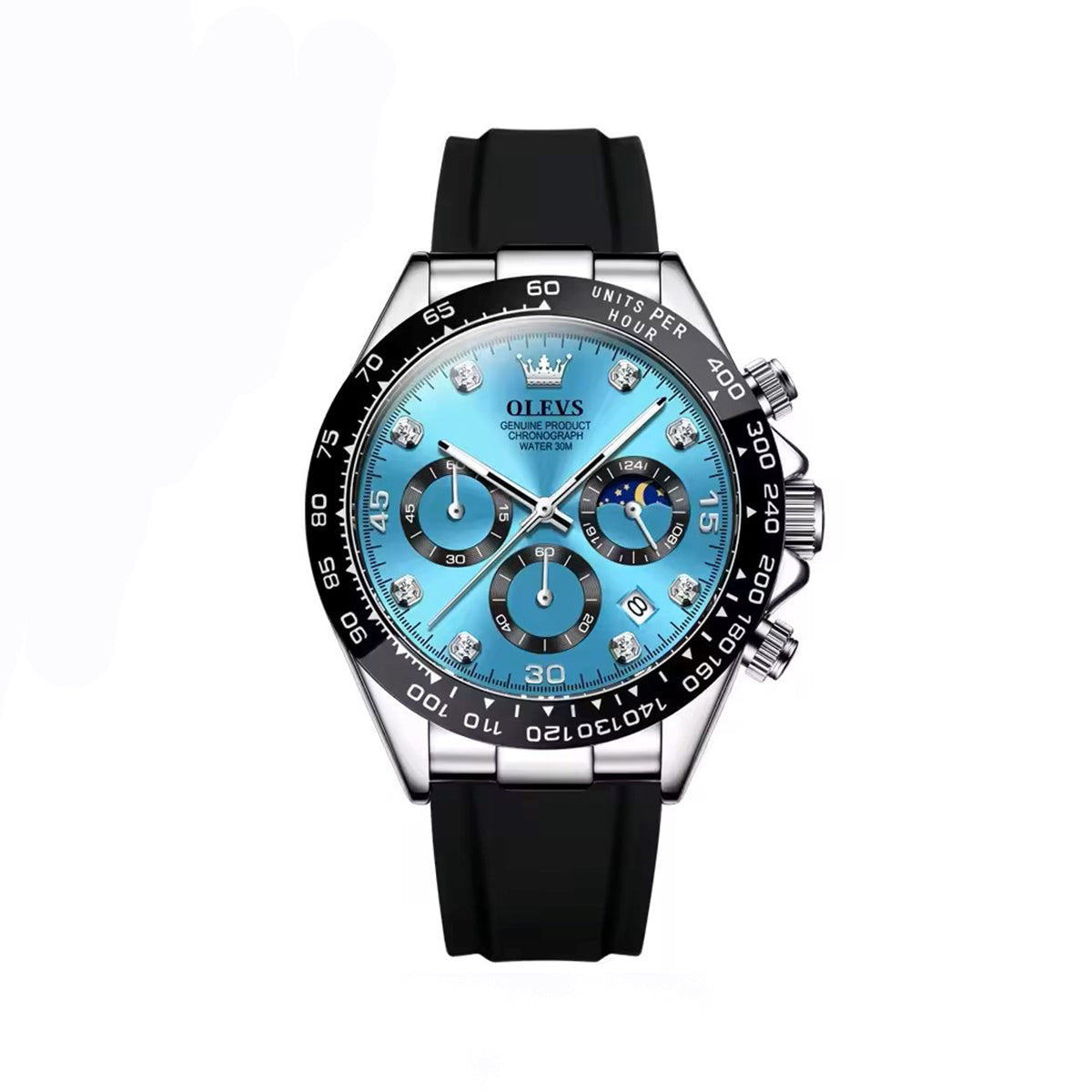 Olevs 2875 Luxury Silicone Rubber strap Luminous Chronograph business Wrist watch for Men’s- Black & ocean blue