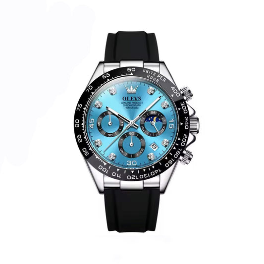Olevs 2875 Luxury Silicone Rubber strap Luminous Chronograph business Wrist watch for Men’s- Black & ocean blue
