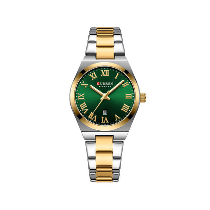 CURREN 9095 Elegant Stainless Steel Classic Women Quartz Watch- Silver Gold & Green