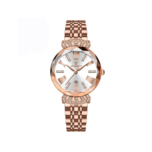 Poedagar 766 Luminous pointer stainless steel ladies Wristwatch- Rose Gold & White