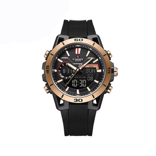 Naviforce 7135 Luxury Analog Quartz Wristwatch with Silicone Strap, Waterproof Casual & Business Style Men’s Watch- Black & Rose Gold