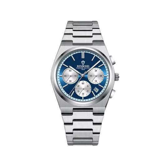 BINBOND 203 Stainless Steel Multifunctional Chronograph Business Wristwatch- Silver Blue