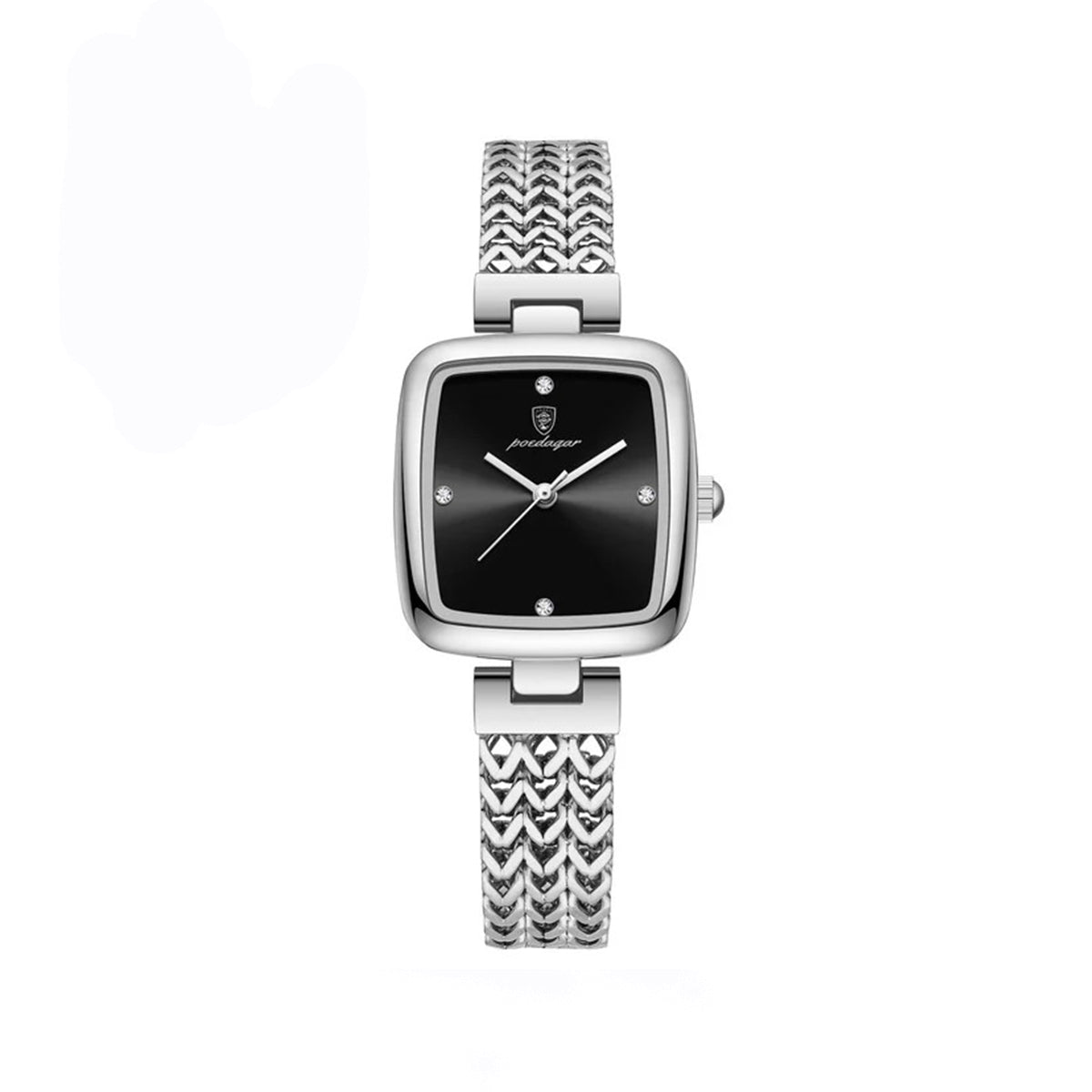 POEDAGAR 768 Luxury Square Elegant Fashion Ladies Watch- Silver Black