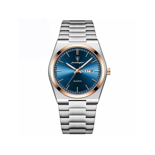 POEDAGAR 930 Business Luminous Stainless Steel Quartz Men's Watch- Silver Blue & Rose Gold