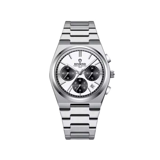 BINBOND 203 Stainless Steel Multifunctional Chronograph Business Wristwatch- Silver