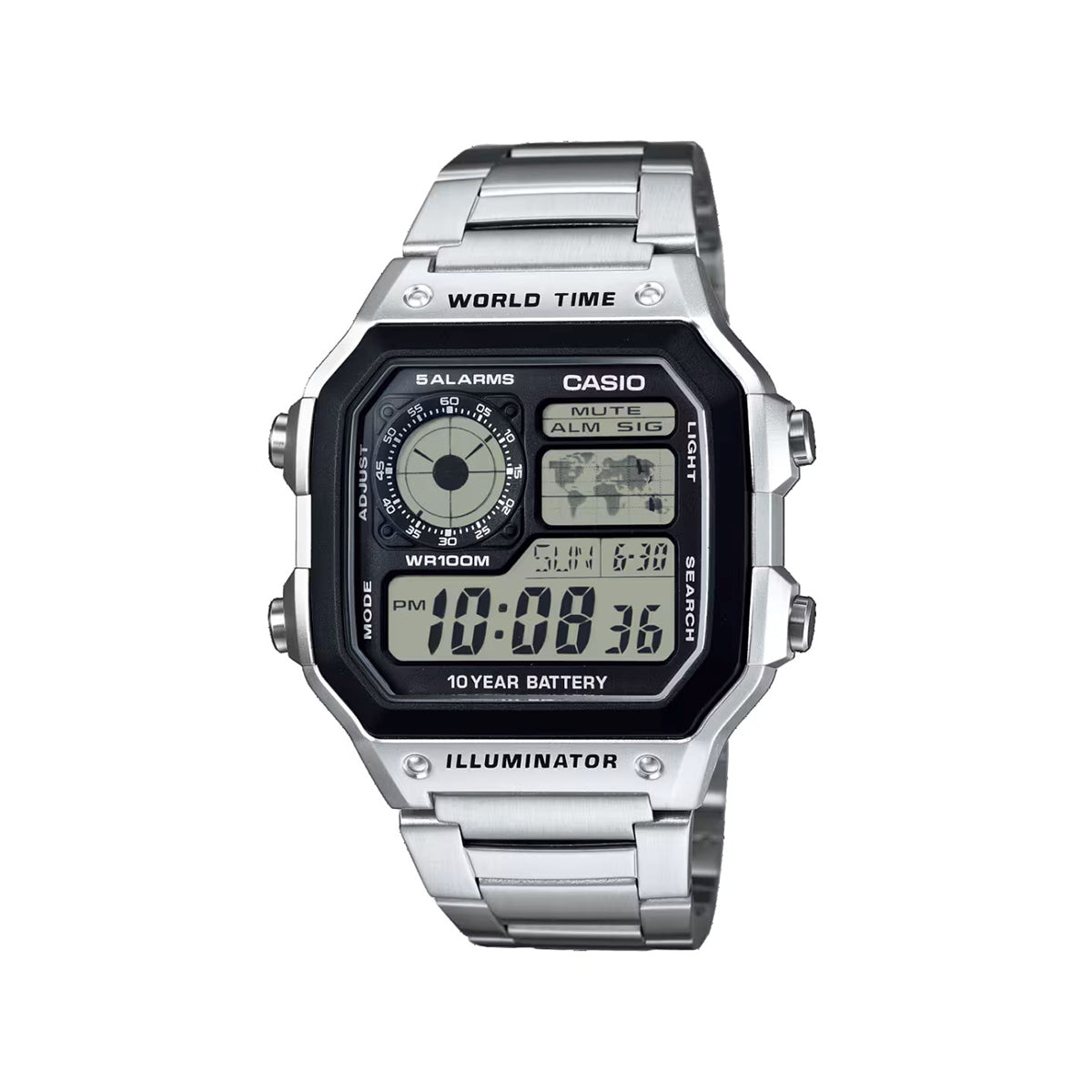 Casio AE-1200WHD-1AV World Timer Digital Watch Stainless Steel Bracelet & 100M Water Resistance