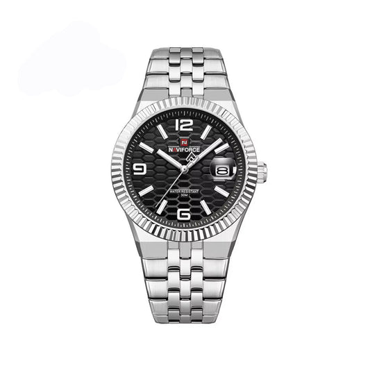 NAVIFORCE 9277 Stylish Analog Quartz Men’s Watch with Durable Stainless Steel Strap and Water Resistance- Silver & Black