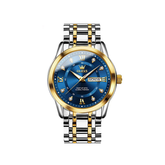 OLEVS 5513 Stainless Steel Luminous Quartz Men watch- Silver Gold & Blue