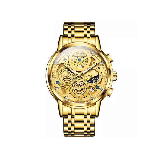 OLEVS 9947 Hollow-Carved Trendy Design Stainless Steel Chronograph Luminous Multifunctional Watch for Men’s- Gold