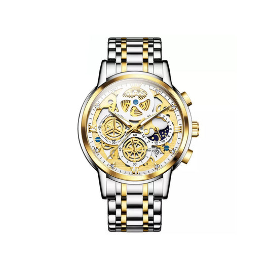 OLEVS 9947 Hollow-Carved Trendy Design Stainless Steel Chronograph Luminous Multifunctional Watch for Men’s- Silver Gold