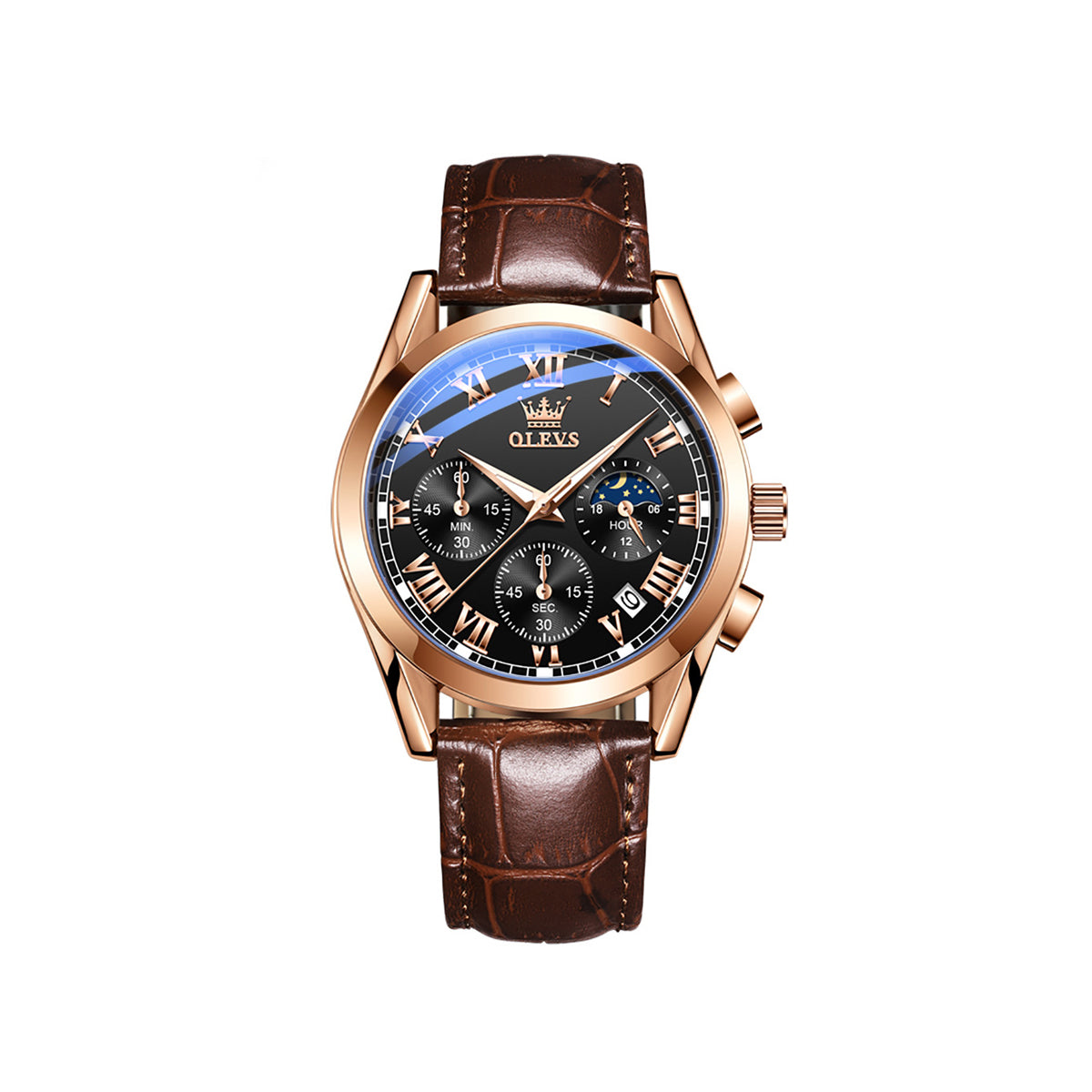 Olevs 2871 Leather Strap Fashion Business Quartz Wristwatch for Men- Brown & Black