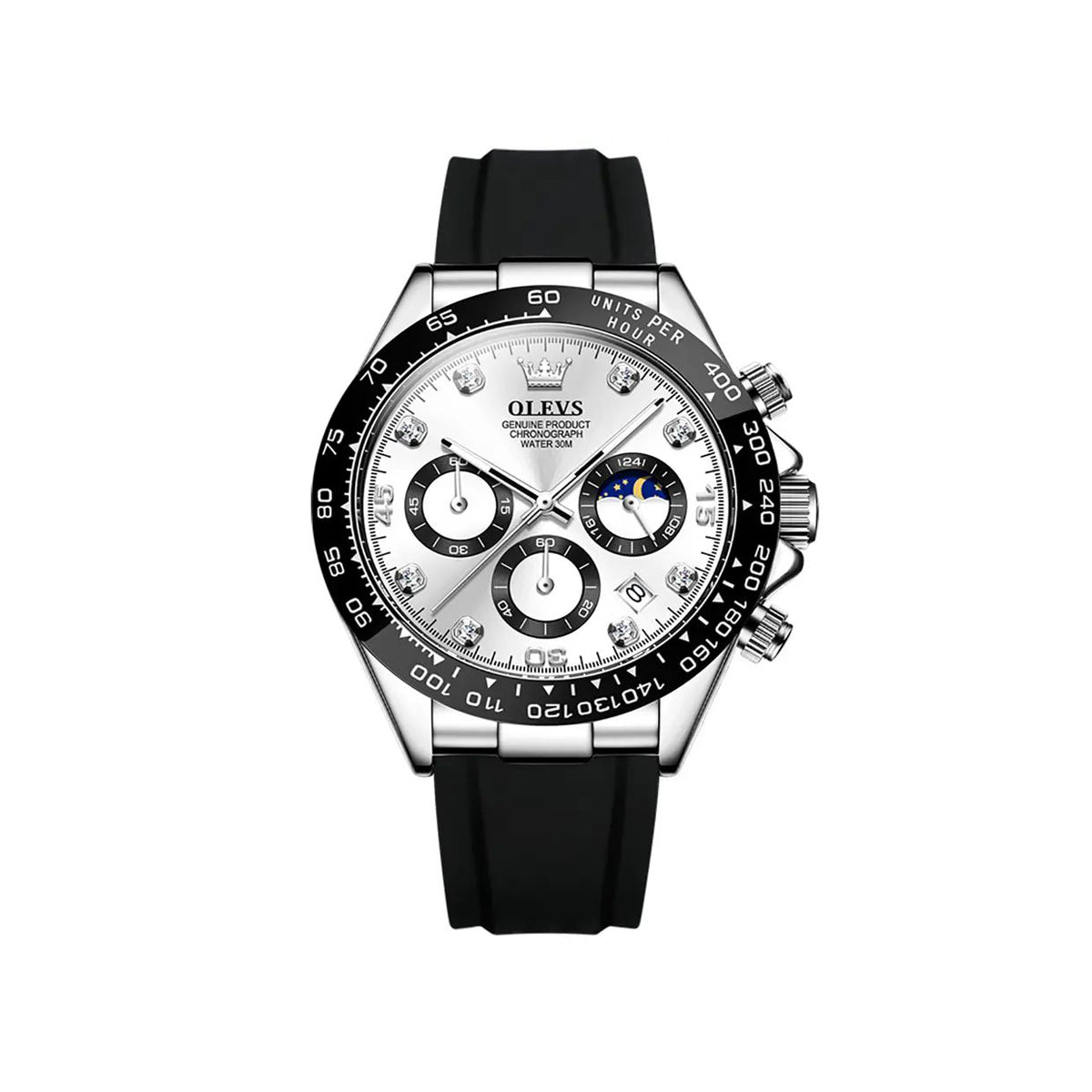 Olevs 2875 Luxury Silicone Rubber strap Luminous Chronograph business Wrist watch for Men’s- Black & white