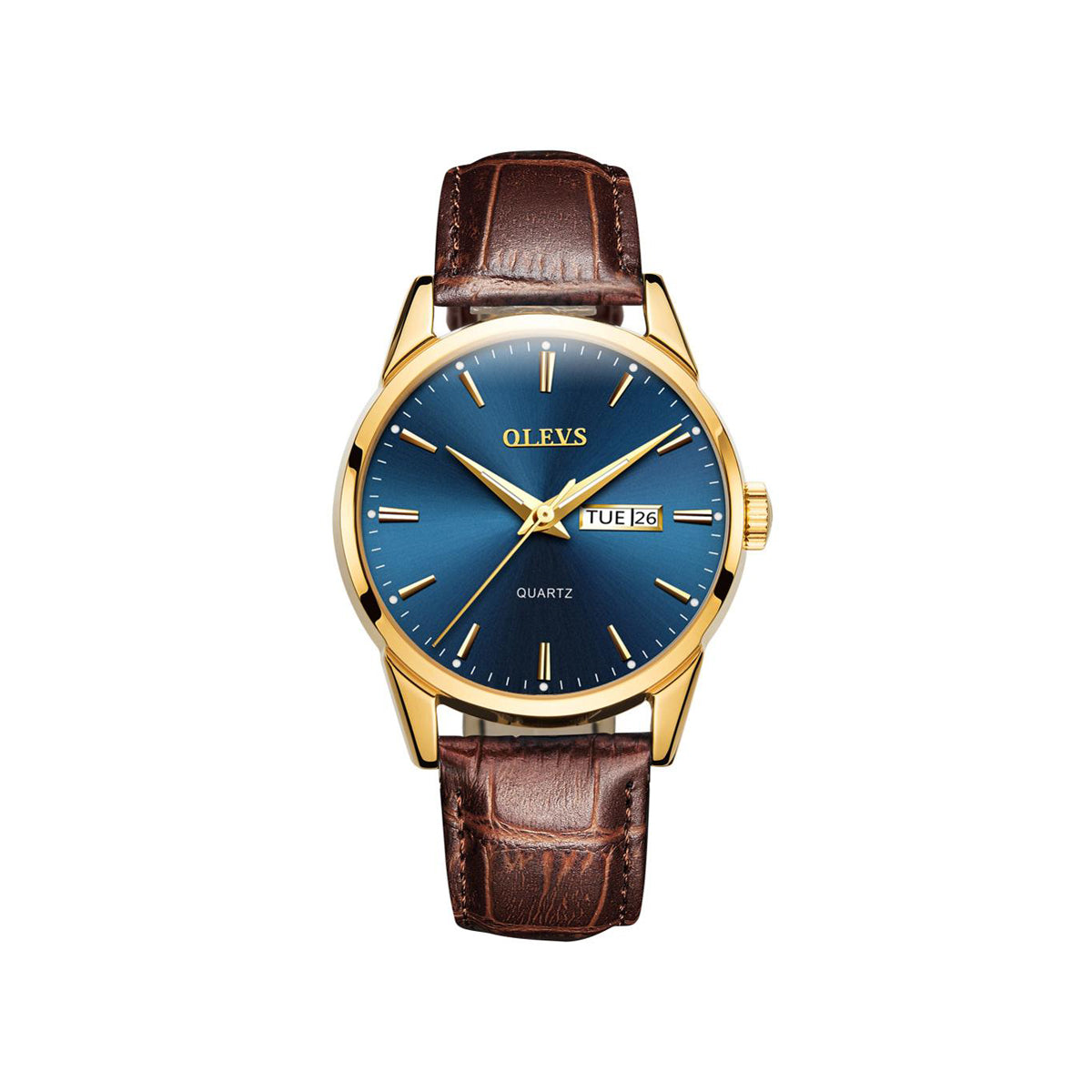Olevs 6898 minimalist design leather strap watch for Men's- Brown & Blue