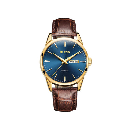 Olevs 6898 minimalist design leather strap watch for Men's- Brown & Blue