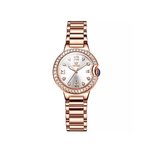 Olevs 5518 Luxury Fashion Quartz Wrist Watch for women- Rose Gold & White