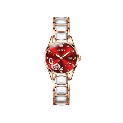 OLEVS 3605 Luxury Ceramic Quartz women wristwatch- Red