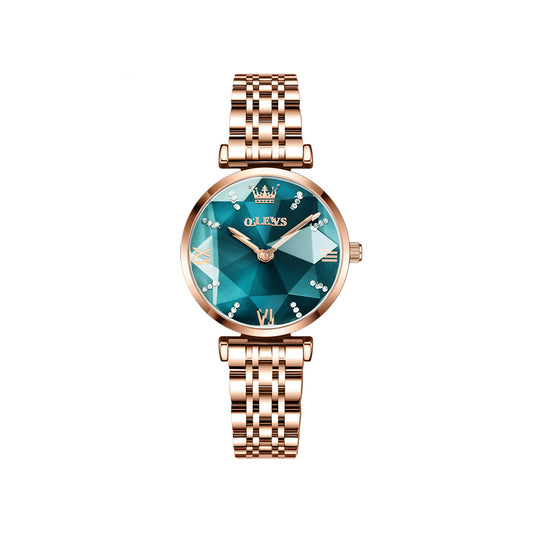 OLEVS 6642 Diamond Cart Stainless Steel Strap Japanese Movement Watch for women- Rose Gold & Bluish Green