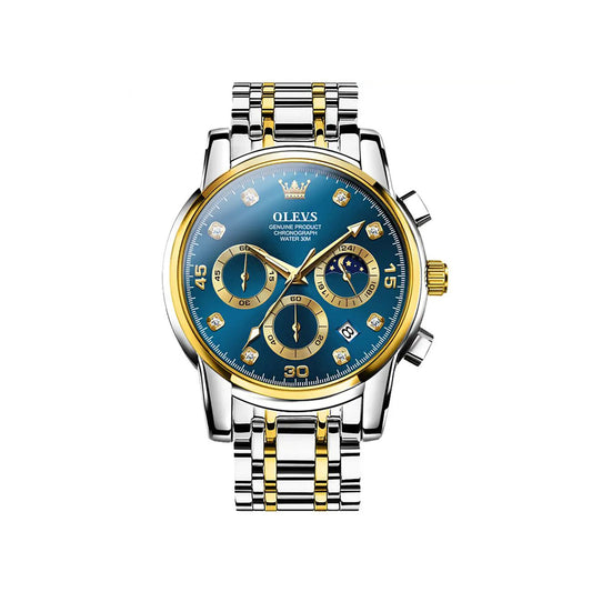 Olevs 2889 Luxury Chronograph Stainless Steel Luminous Quartz Men watch- Silver Gold & Blue
