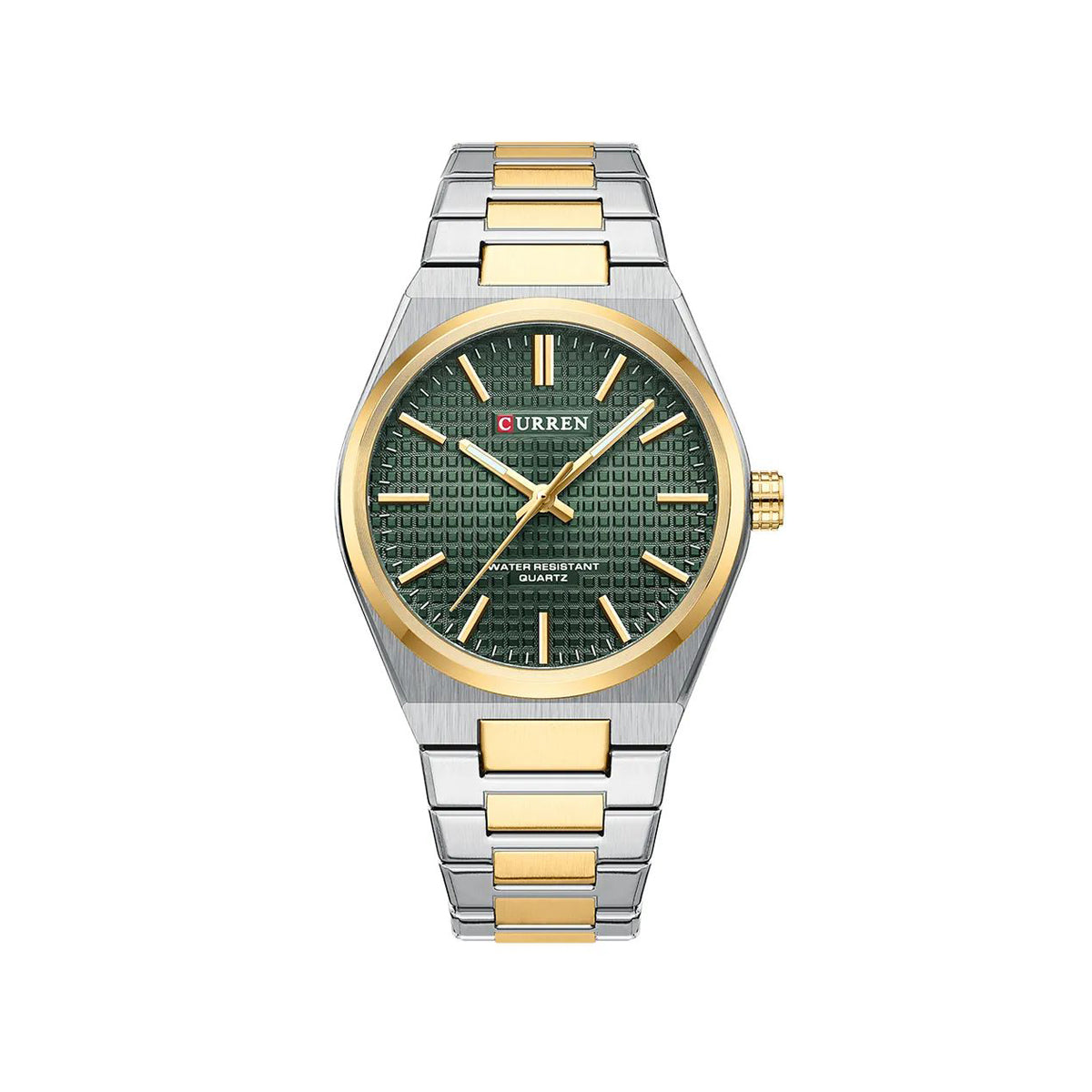 CURREN 8439 Top Brand Luxury Stainless Steel Quartz Man Wristwatch- Silver Gold & Green