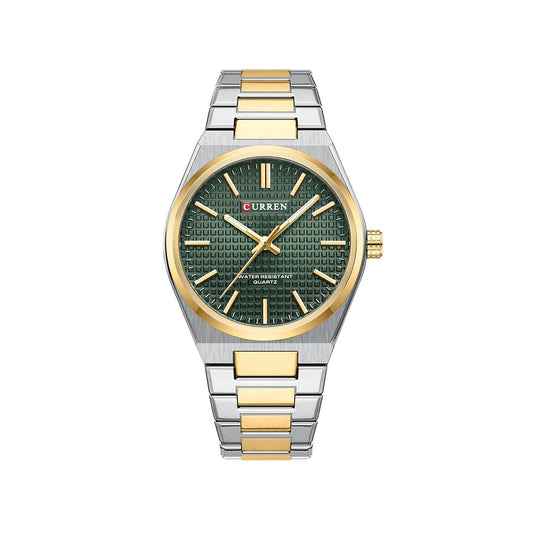 CURREN 8439 Top Brand Luxury Stainless Steel Quartz Man Wristwatch- Silver Gold & Green