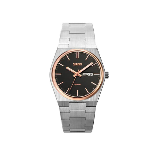 Skmei 9288 stainless steel luxury men round wristwatch for Men's- Silver Black & Rose Gold