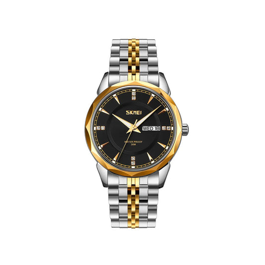 SKMEI 9268 japan movement quartz Stainless Steel Wristwatch for Men's- Silver Gold & Black