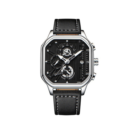 Trsoye 6604 Luminous Leather Men’s Business series Watch- Black & Silver
