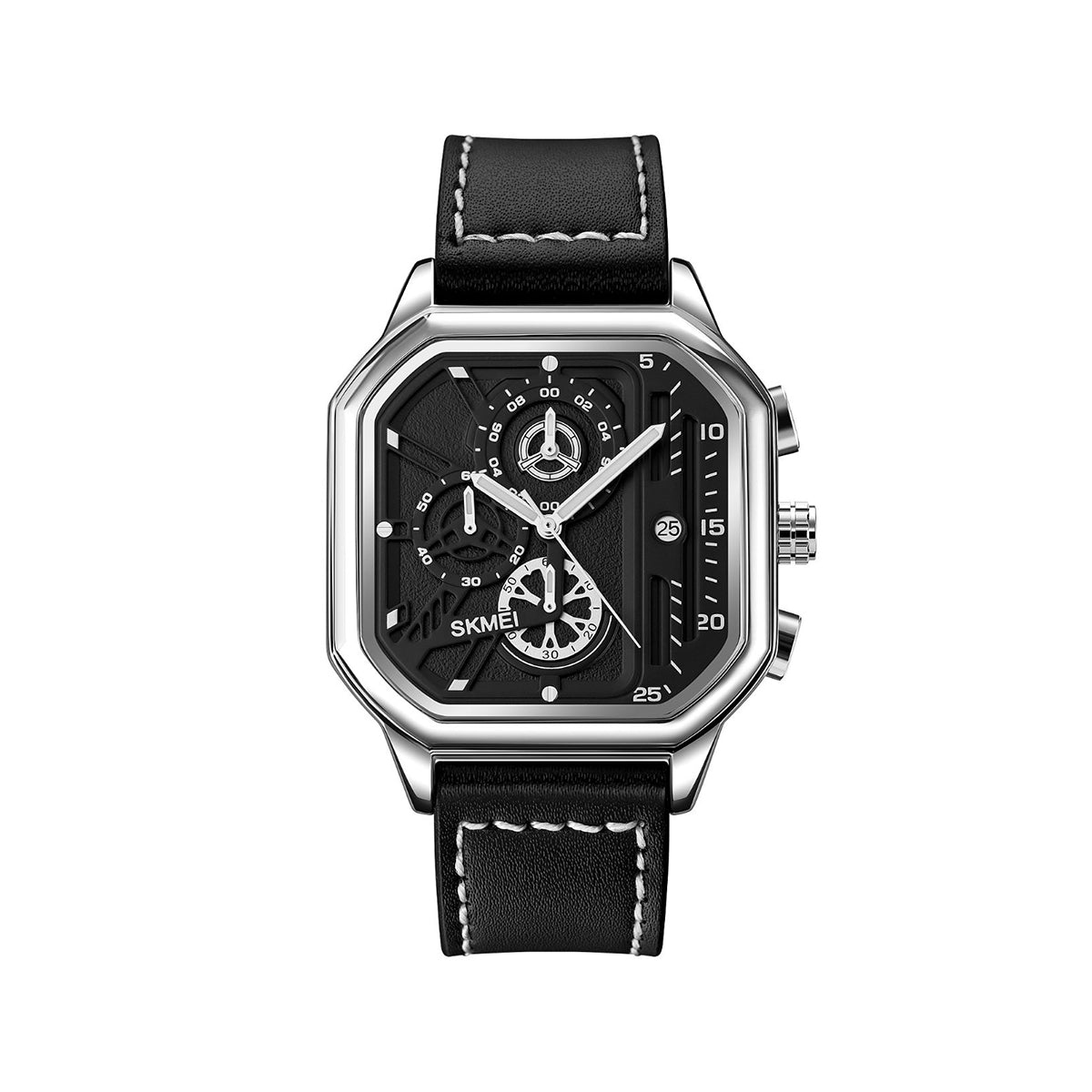 SKMEI 1963 Men’s Quartz Chronograph Leather Belt Watch- Silver