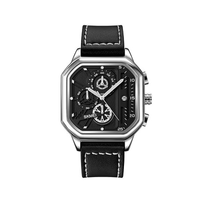 SKMEI 1963 Men’s Quartz Chronograph Leather Belt Watch- Silver
