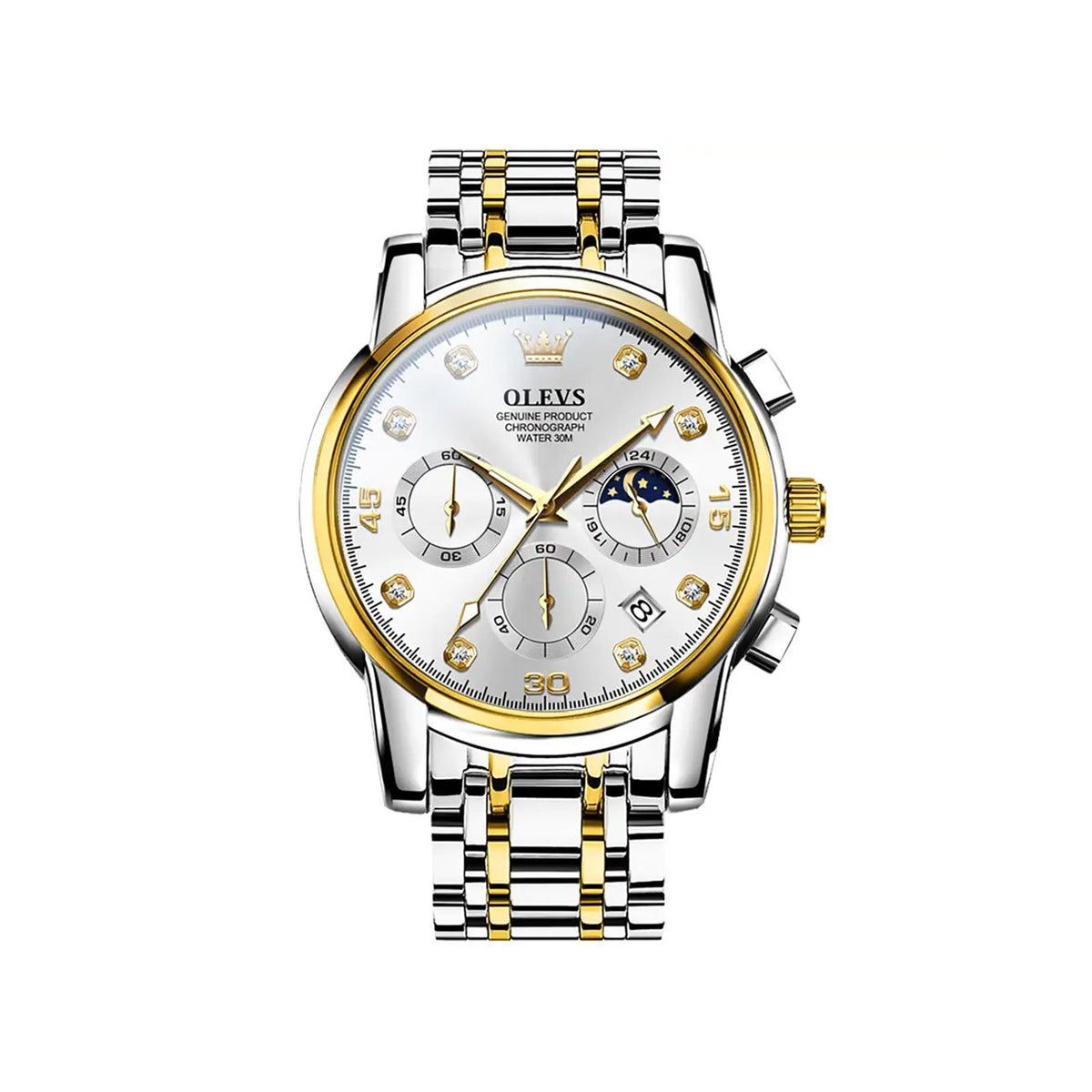 Olevs 2889 Luxury Chronograph Stainless Steel Luminous Quartz Men watch- Silver Gold & white