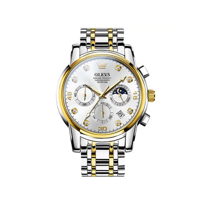 Olevs 2889 Luxury Chronograph Stainless Steel Luminous Quartz Men watch- Silver Gold & white