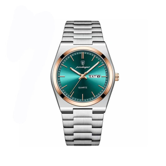 POEDAGAR 930 Business Luminous Stainless Steel Quartz Men's Watch- Silver Green & Rose Gold