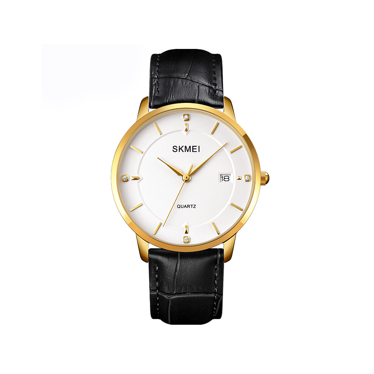SKMEI 1801 Stainless Steel Leather Quartz Men’s watch- Black & Gold