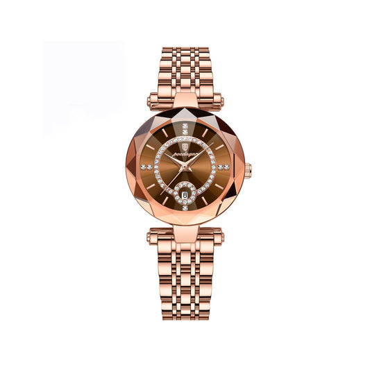POEDAGAR 726 Luminous pointer stainless steel ladies Wristwatch- Rose Gold & Rosewood