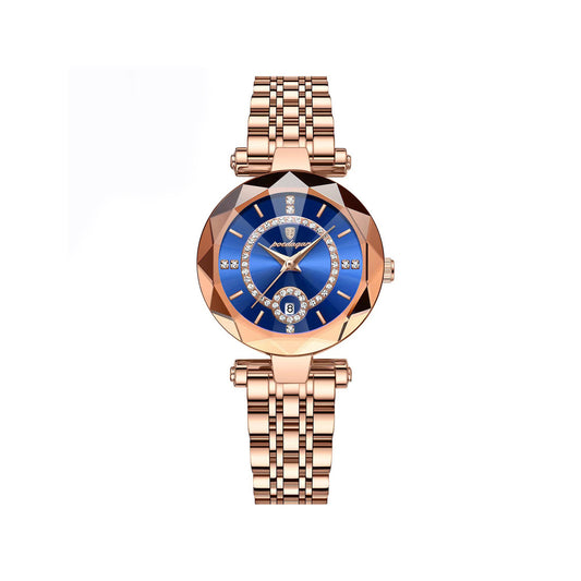 POEDAGAR 726 Luminous pointer stainless steel ladies Wristwatch- Rose Gold & Blue