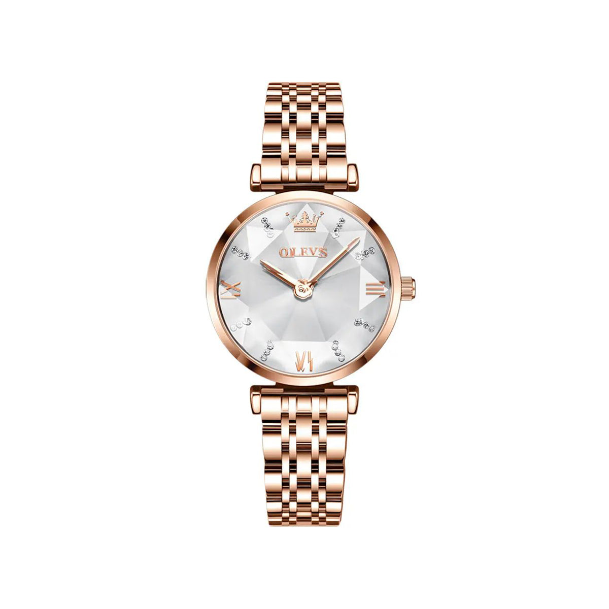 OLEVS 6642 Diamond Cart Stainless Steel Strap Japanese Movement Watch for women- Rose Gold & white