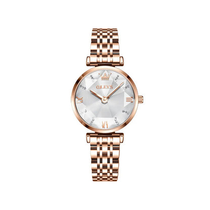 OLEVS 6642 Diamond Cart Stainless Steel Strap Japanese Movement Watch for women- Rose Gold & white