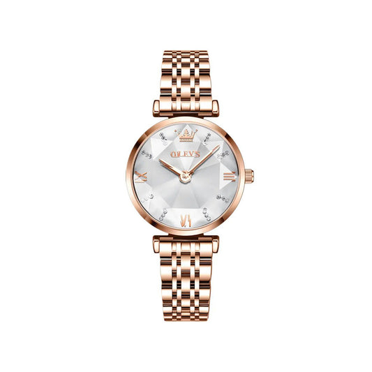 OLEVS 6642 Diamond Cart Stainless Steel Strap Japanese Movement Watch for women- Rose Gold & white