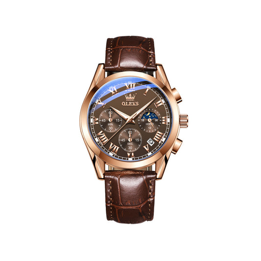 Olevs 2871 Leather Strap Fashion Business Quartz Wristwatch for Men- Brown