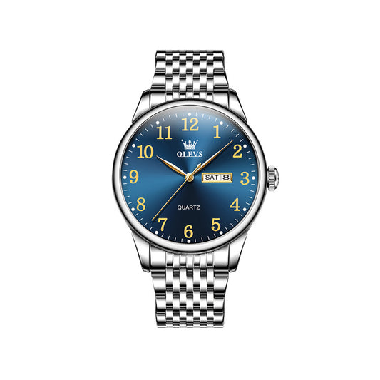 Olevs 5535 Stainless Steel Analog Wrist Watch For Men -Royal Blue & Silver