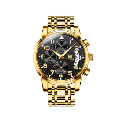 Olevs 2879 Business Fashion Multifunctional Chronograph Quartz Watch- Gold & Black