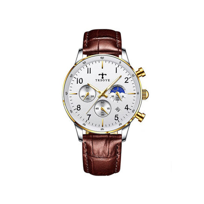 TRSOYE 668 Casual Man Watch Day Sun & Night Moon 24 Hours Display Wristwatches – Brown Silver