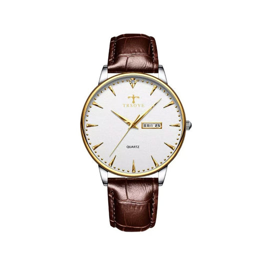 Trsoye 881 Luxury Leather Straps Watch for Men - Silver & Gold