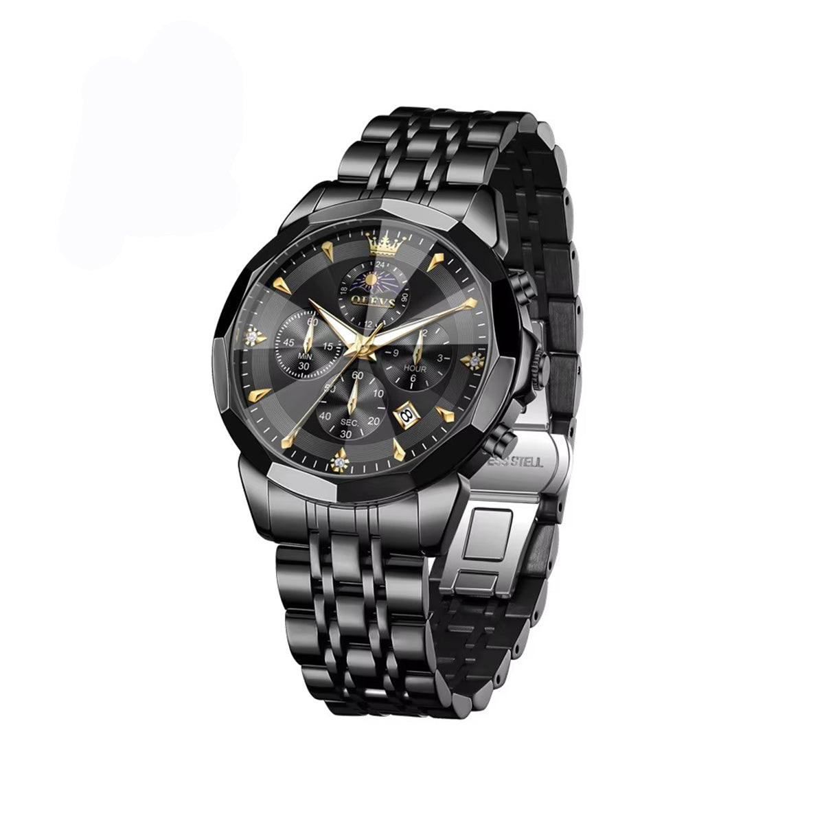 OLEVS 3673 Moon Chronograph Stainless Steel Men's Watch- Black