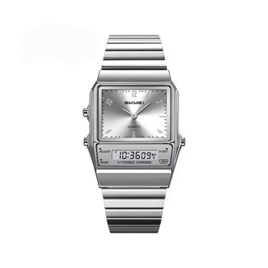 SKMEI 2632 Dual Display Multifunction Waterproof LED Unisex Wristwatch- Silver