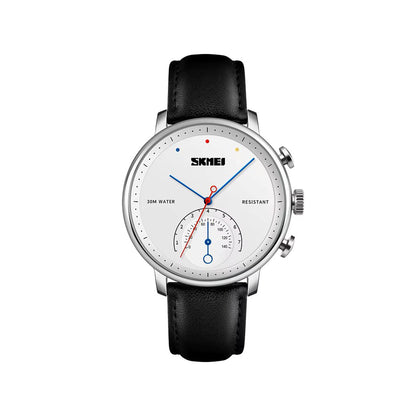 SKMEI 1399 Leather Strap Elegance Quartz Casual Men's Watch- Black & Silver