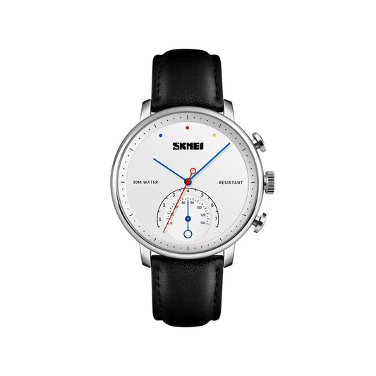 SKMEI 1399 Leather Strap Elegance Quartz Casual Men's Watch- Black & Silver
