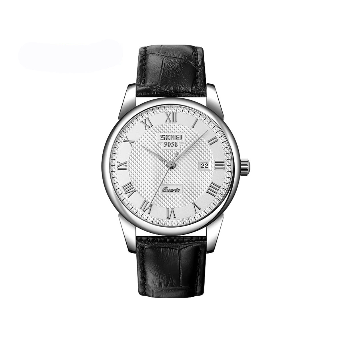 SKMEI 9058 Luxury quartz classic Lover’s leather belt for wristwatch for Men’s- Black & Silver