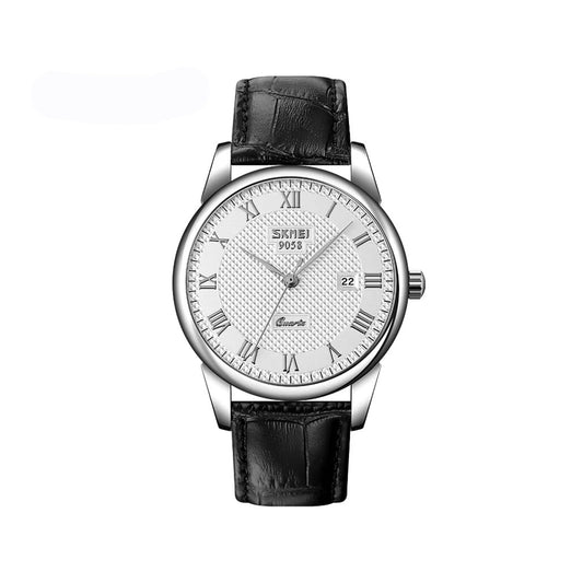 SKMEI 9058 Luxury quartz classic Lover’s leather belt for wristwatch for Men’s- Black & Silver